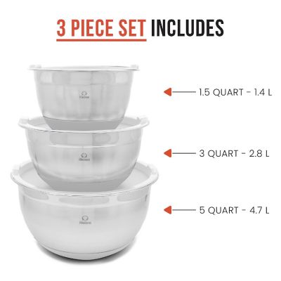 Chef Pomodoro Mixing Bowls with Lids, Stainless Steel Bowl Set, Non-Slip Silicone Base, Mixing Bowl Set - 3 Piece (1.5 Qt, 3 Qt, 5 Qt) (Grey) Image 3