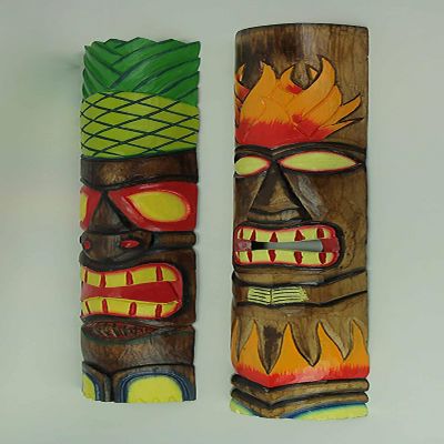 Chesapeake 39 inch Tall Hand Crafted Wooden Tiki Totem Wall Mask Set of 2 Tropical D&#233;cor Image 1