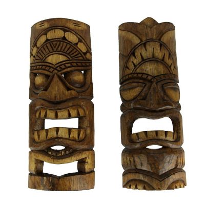 Chesapeake Bay Hand Carved Natural Stained Wood Polynesian Style Tiki Masks 20 inch Set of 2 Tropical D&#233;cor Image 1
