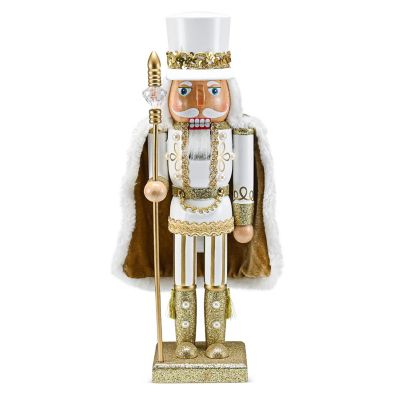 Christmas Gold King Nutcracker  Gold and White Glittered Wooden Nutcracker Man with Gold and White Fur Cape and Staff in Hand Xmas Themed Holiday Nut Cracker Image 1