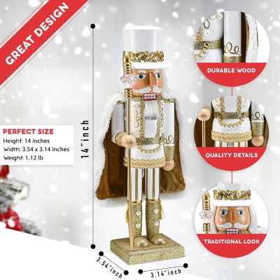 Christmas Gold King Nutcracker  Gold and White Glittered Wooden Nutcracker Man with Gold and White Fur Cape and Staff in Hand Xmas Themed Holiday Nut Cracker Image 1