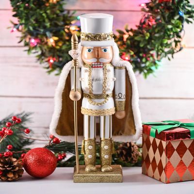 Christmas Gold King Nutcracker  Gold and White Glittered Wooden Nutcracker Man with Gold and White Fur Cape and Staff in Hand Xmas Themed Holiday Nut Cracker Image 2