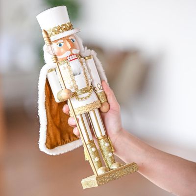 Christmas Gold King Nutcracker  Gold and White Glittered Wooden Nutcracker Man with Gold and White Fur Cape and Staff in Hand Xmas Themed Holiday Nut Cracker Image 3