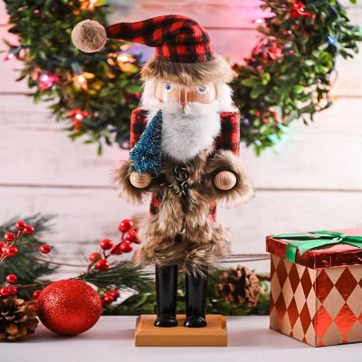 Christmas Nostalgic Santa Nutcracker Red and Black Wooden Nutcracker  with Buffalo Plaid Coat with  Fur Holding a Tree Image 1