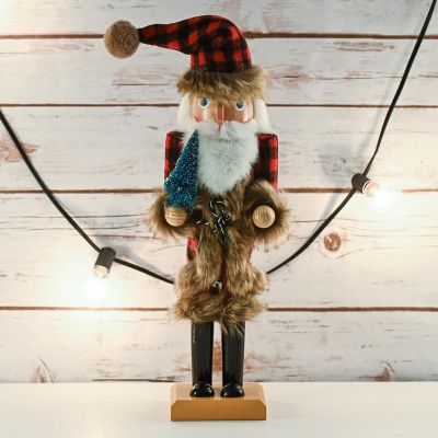 Christmas Nostalgic Santa Nutcracker Red and Black Wooden Nutcracker  with Buffalo Plaid Coat with  Fur Holding a Tree Image 2