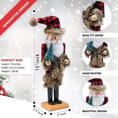 Christmas Nostalgic Santa Nutcracker Red and Black Wooden Nutcracker  with Buffalo Plaid Coat with  Fur Holding a Tree Image 3