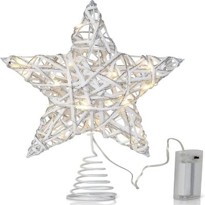 Christmas Rattan Tree Topper - White and Silver Xmas Rustic Star LED Light Up Tree Topper Ornament Decoration Image 1