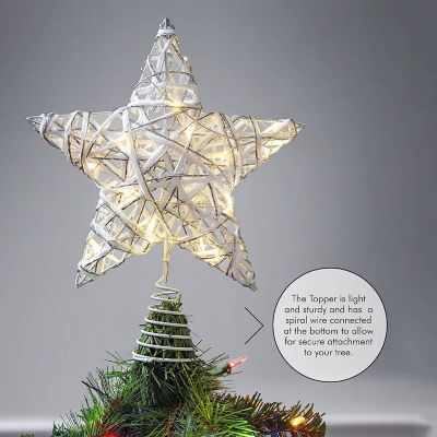 Christmas Rattan Tree Topper - White and Silver Xmas Rustic Star LED Light Up Tree Topper Ornament Decoration Image 2