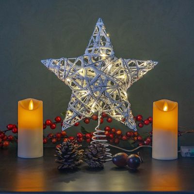 Christmas Rattan Tree Topper - White and Silver Xmas Rustic Star LED Light Up Tree Topper Ornament Decoration Image 3
