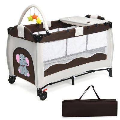 Coffee Baby Playpen Playard Pack Travel Infant Bassinet Bed Foldable Image 1