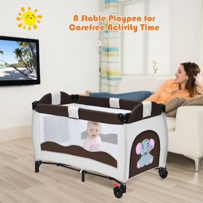 Coffee Baby Playpen Playard Pack Travel Infant Bassinet Bed Foldable Image 2