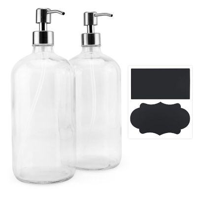 Cornucopia 32oz Clear Glass Pump Bottles (2-Pack); Quart Size Soap Dispensers w/Black Plastic Lotion Locking Pumps; Includes Chalk Labels Image 1