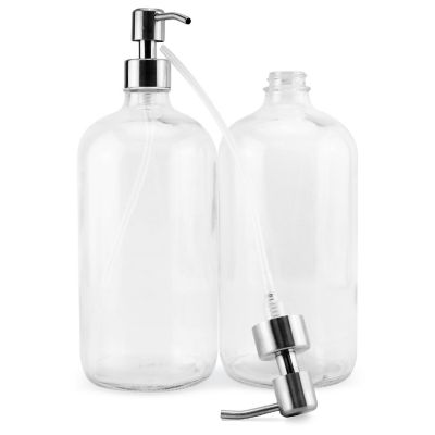 Cornucopia 32oz Clear Glass Pump Bottles (2-Pack); Quart Size Soap Dispensers w/Black Plastic Lotion Locking Pumps; Includes Chalk Labels Image 1