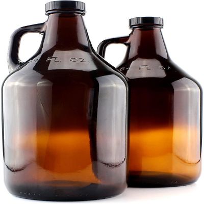 Cornucopia 64oz Amber Glass Growler Jugs /Half Gallon (2-Pack) w/Black Phenolic Lids, Great for Kombucha, Home Brew, Distilled Water, Cider & More Image 1
