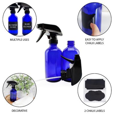 Cornucopia 8-Ounce Cobalt Blue Glass Boston Round Spray Bottles (2 Pack) 3-Setting Heavy Duty Sprayers, Empty Refillable Bottle Image 1