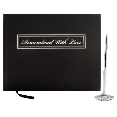 Cornucopia Funeral Guest Book and Pen with Stand Set, "Remembered with Love" Image 1