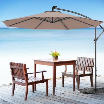 Costway 10' Hanging Solar LED Umbrella Patio Sun Shade Offset Market W/Base Tan Image 2