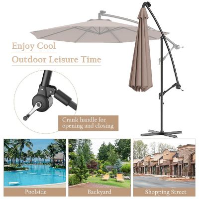 Costway 10' Hanging Solar LED Umbrella Patio Sun Shade Offset Market W/Base Tan Image 3