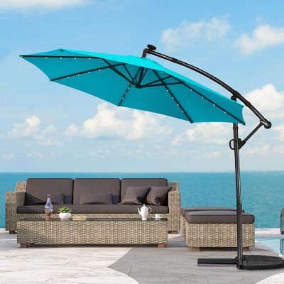 Costway 10FT Outdoor Offset Umbrella Solar Powered LED 360Degree Rotation Aluminum Turquoise Image 1