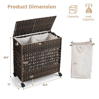 Costway 110L Laundry Hamper w/Wheels Clothes Basket w/Lid and Handle and 2 Liner Bags Image 3