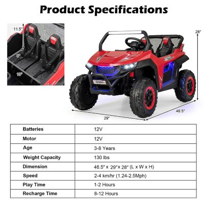 Costway 12V 2-Seater Kids Ride On UTV RC Electric Vehicle Suspension w/ Lights & Music Image 3