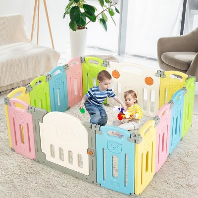 Costway 14 Panel Foldable Baby Playpen Kids Activity Center Safety Play Yard w/Lock Door colorful Image 1