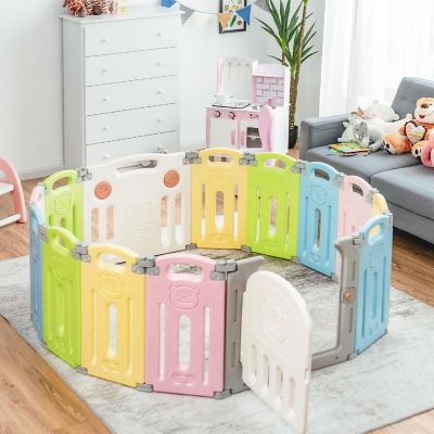 Costway 14 Panel Foldable Baby Playpen Kids Activity Center Safety Play Yard w/Lock Door colorful Image 2