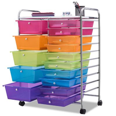 Costway 15 Drawer Rolling Storage Cart Tools Scrapbook Paper Office School Organizer Colorful Image 1