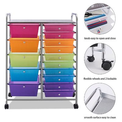 Costway 15 Drawer Rolling Storage Cart Tools Scrapbook Paper Office School Organizer Colorful Image 2