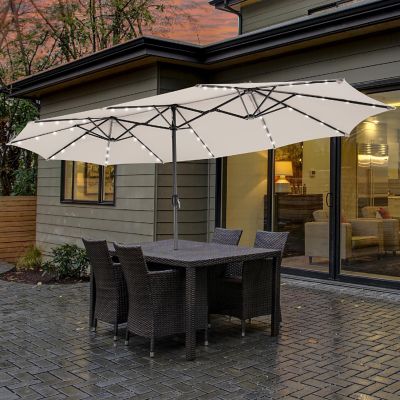 Costway 15FT Twin Patio Double-Sided Umbrella 48 Solar LED Lights Crank Outdoor Beige Image 1