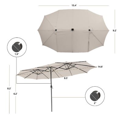 Costway 15FT Twin Patio Double-Sided Umbrella 48 Solar LED Lights Crank Outdoor Beige Image 3