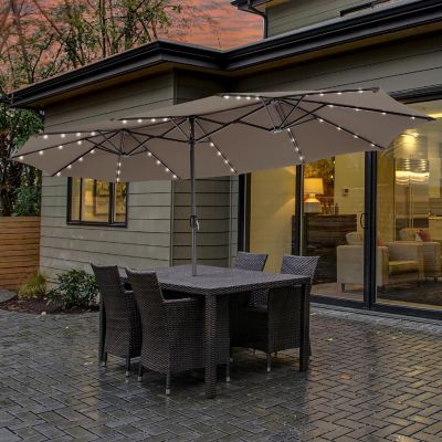 Costway 15FT Twin Patio Double-Sided Umbrella 48 Solar LED Lights Crank Outdoor Coffee Image 1