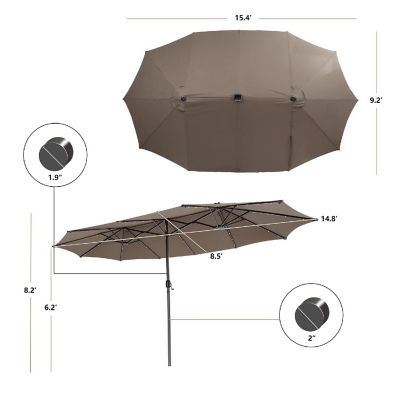 Costway 15FT Twin Patio Double-Sided Umbrella 48 Solar LED Lights Crank Outdoor Coffee Image 3
