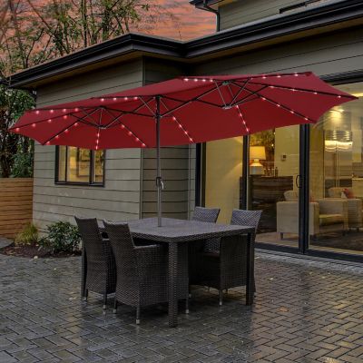 Costway 15FT Twin Patio Double-Sided Umbrella 48 Solar LED Lights Crank Outdoor Wine Image 1