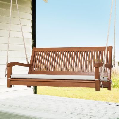 Costway 2-Person Hanging Porch Swing Wood Bench with Cushion Curved Back Outdoor Natural Image 1