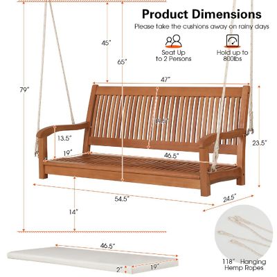 Costway 2-Person Hanging Porch Swing Wood Bench with Cushion Curved Back Outdoor Natural Image 3