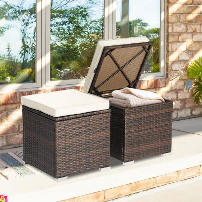 Costway 2PC&#160;Patio&#160;Rattan&#160;Ottoman&#160;Seat&#160;Side&#160;Table&#160;Storage&#160;Box&#160;Footrest&#160;Off&#160;White Image 2