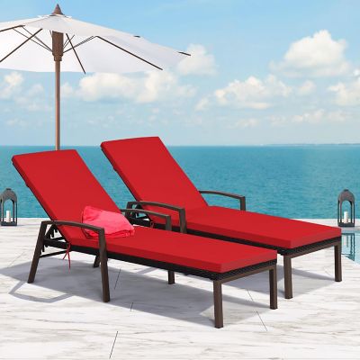 Costway 2PCS Patio Rattan Lounge Chair Chaise Recliner Back Adjustable Cushioned Red Image 1