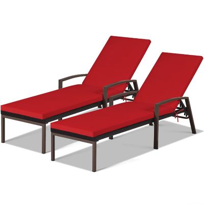 Costway 2PCS Patio Rattan Lounge Chair Chaise Recliner Back Adjustable Cushioned Red Image 1