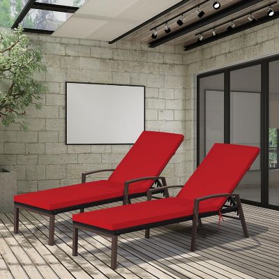 Costway 2PCS Patio Rattan Lounge Chair Chaise Recliner Back Adjustable Cushioned Red Image 3