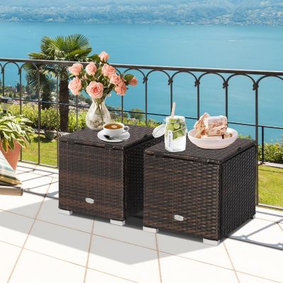 Costway 2PCS Patio Rattan Ottomans Seat Side Table Storage Box Footstool Turquoise Image 1