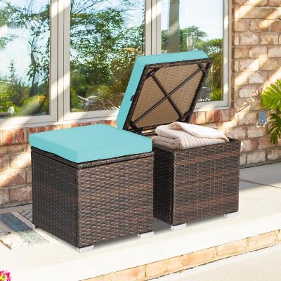 Costway 2PCS Patio Rattan Ottomans Seat Side Table Storage Box Footstool Turquoise Image 2