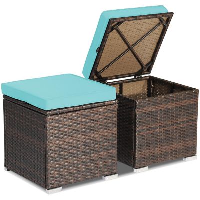 Costway 2PCS Patio Rattan Ottomans Seat Side Table Storage Box Footstool Turquoise Image 3