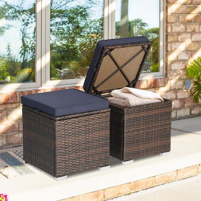 Costway 2PCS Patio Rattan Ottomans Seat Side Table Storage Box Footstool W/Cushions Navy Image 2