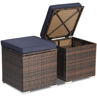 Costway 2PCS Patio Rattan Ottomans Seat Side Table Storage Box Footstool W/Cushions Navy Image 3