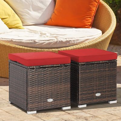 Costway 2PCS Patio Rattan Ottomans Seat Side Table Storage Box Footstool with Cushions Red Image 1