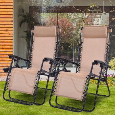 Costway 2PCS Zero Gravity Chairs Lounge Patio Folding Recliner Beige W/Cup Holder Image 2