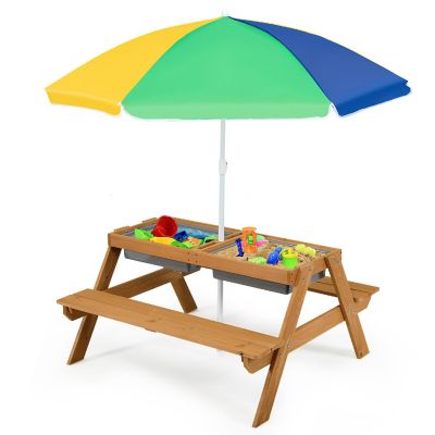 Costway 3-in-1 Kids Picnic Table Wooden Outdoor Sand & Water Table w/Umbrella Play Box es Image 1