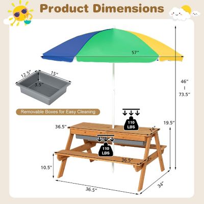Costway 3-in-1 Kids Picnic Table Wooden Outdoor Sand & Water Table w/Umbrella Play Box es Image 3