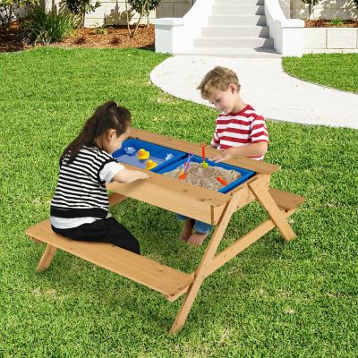 Costway 3 in 1 Kids Picnic Table Wooden Outdoor Water Sand Table w/ Play Boxes Image 3